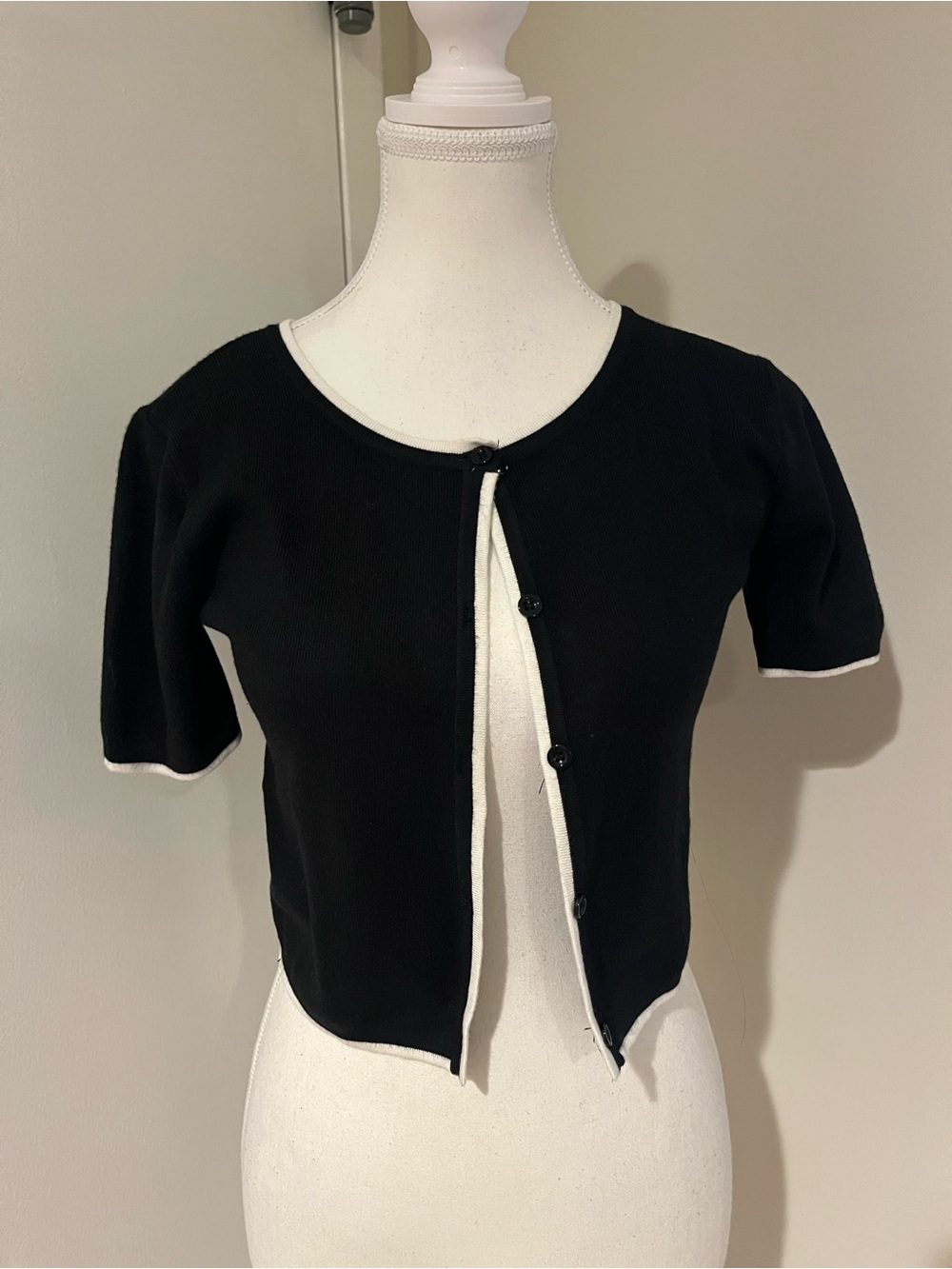 MAJORELLE Black White Short Sleeve Button Front Cardigan with White Trim